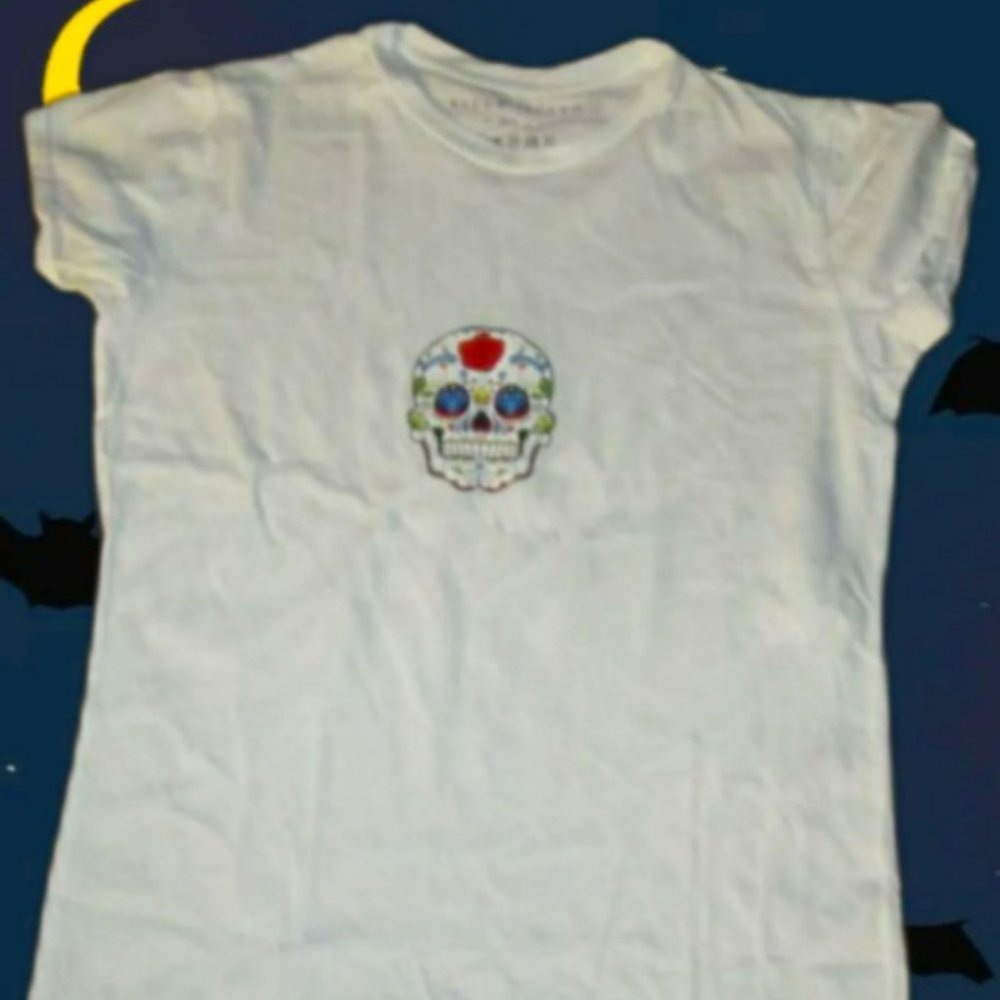 White T-Shirt, Skull Design, Size 14, Youth, Girls, Teens, Colorful, Multi-Color